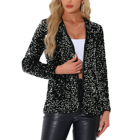 INSPIRE CHIC Women's Open Front Long Sleeve Disco Party Sequin Blazer Jacket M Silver