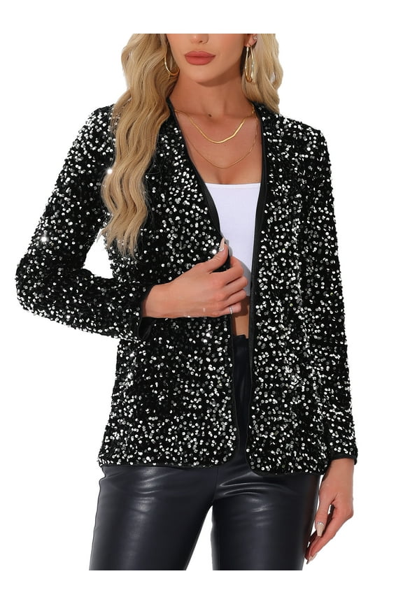 Women's Open Front Long Sleeve Disco Party Sequin Blazer Jacket M Silver