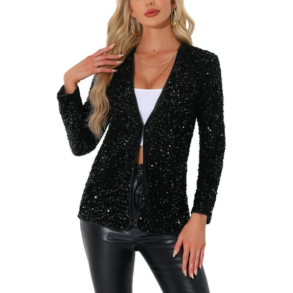 INSPIRE CHIC Women's Open Front Long Sleeve Disco Party Sequin Blazer Jacket XL Black