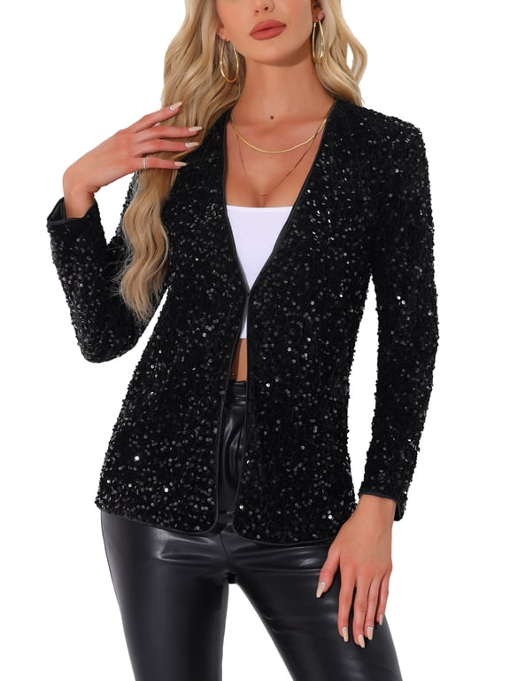 Women's Halloween Open Front Long Sleeve Disco Party Sequin Blazer Jacket XL Black