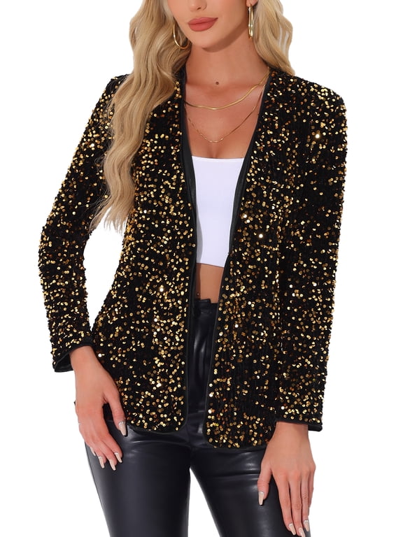 Women's Halloween Open Front Long Sleeve Disco Party Sequin Blazer Jacket XS Gold