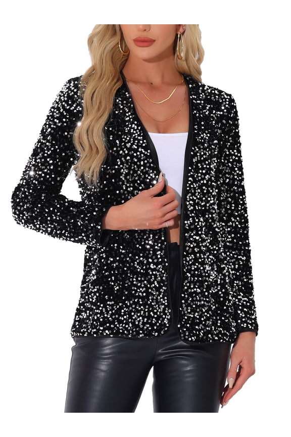 Women's Open Front Long Sleeve Disco Party Sequin Blazer Jacket XS Silver