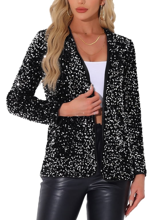 Women's Halloween Open Front Long Sleeve Disco Party Sequin Blazer Jacket XS Black Silver