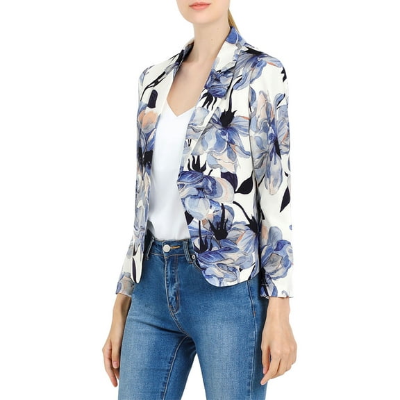 INSPIRE CHIC Women's Blazer Open Front Wear-to-Work Summer Crop Suit Jacket M White Blue-Floral