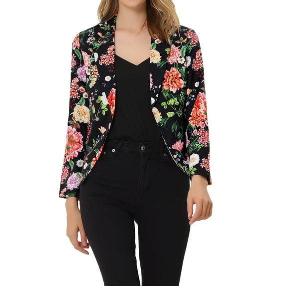 INSPIRE CHIC Women's Blazer Open Front Wear-to-Work Summer Crop Suit Jacket Black Red-Floral XL