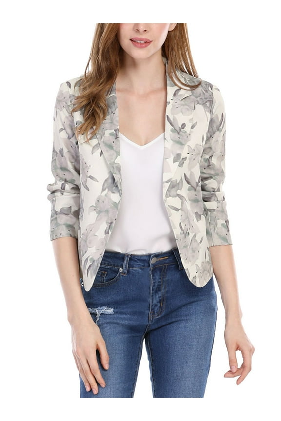 Women's Blazer Open Front Wear-to-Work Summer Crop Suit Jacket XS Beige-Floral