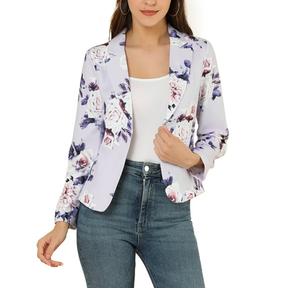INSPIRE CHIC Women's Blazer Open Front Wear-to-Work Summer Crop Suit Jacket Purple-Floral XS