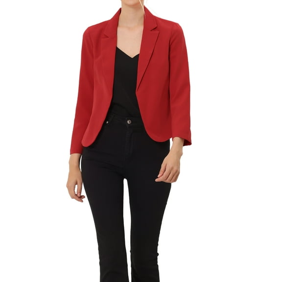 INSPIRE CHIC Women's Blazer Open Front Wear-to-Work Summer Crop Suit Jacket L Red-Solid