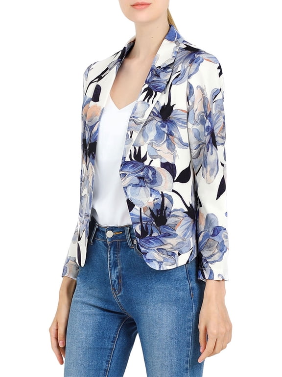 Women's Blazer Open Front Wear-to-Work Summer Crop Suit Jacket White Blue-Floral L