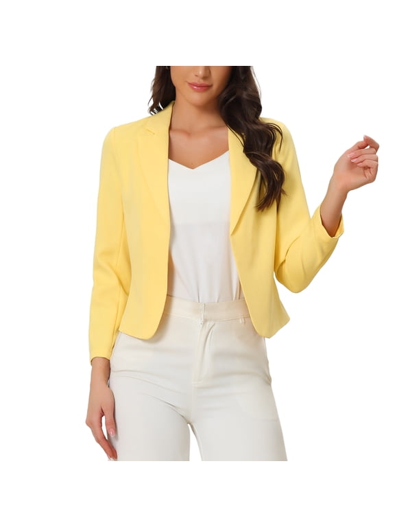 Women's Blazer Open Front Wear-to-Work Summer Crop Suit Jacket Yellow-Solid L