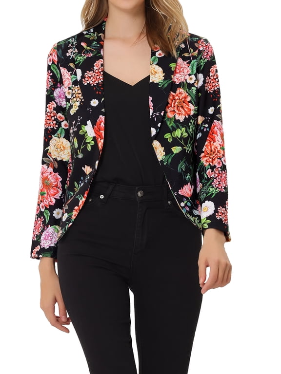 Women's Blazer Open Front Wear-to-Work Summer Crop Suit Jacket Black Red-Floral M