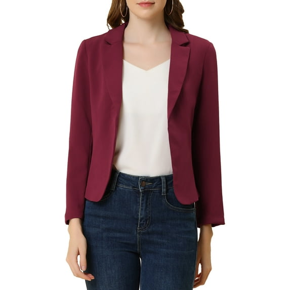 INSPIRE CHIC Women's Blazer Open Front Wear-to-Work Summer Crop Suit Jacket M Burgundy-Solid