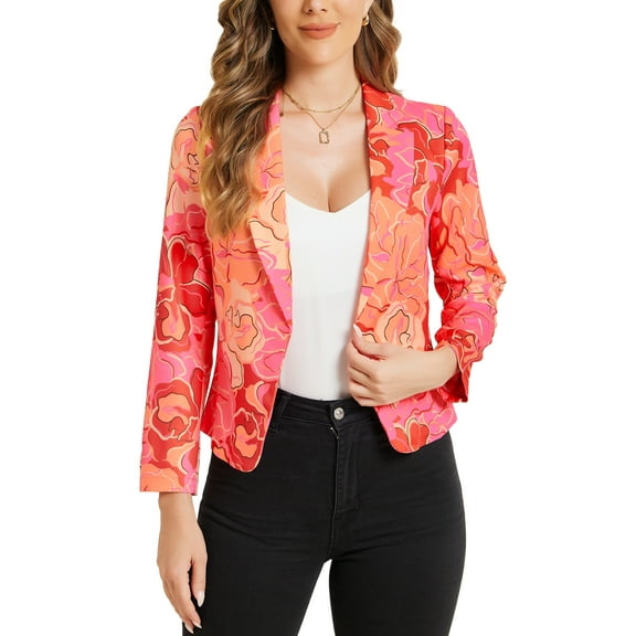 INSPIRE CHIC Women's Blazer Open Front Wear-to-Work Summer Crop Suit Jacket M Hot Pink-Floral