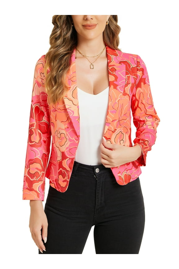 Women's Blazer Open Front Wear-to-Work Summer Crop Suit Jacket M Hot Pink-Floral