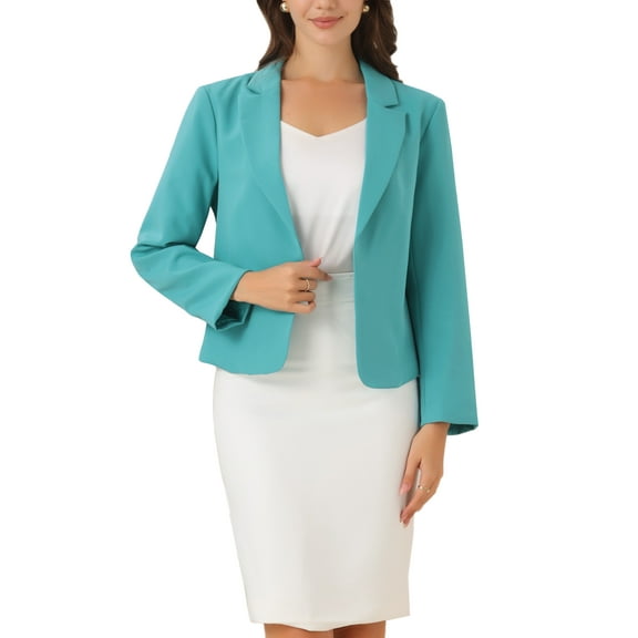 INSPIRE CHIC Women's Blazer Open Front Wear-to-Work Summer Crop Suit Jacket M Light Lake Blue-Solid