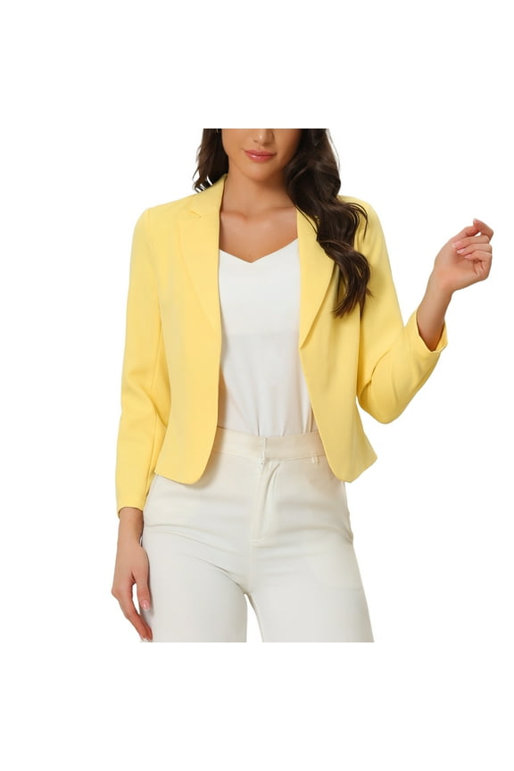 Women's Blazer Open Front Wear-to-Work Summer Crop Suit Jacket M Yellow-Solid