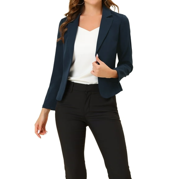INSPIRE CHIC Women's Blazer Open Front Wear-to-Work Summer Crop Suit Jacket XS Dark Blue-Solid