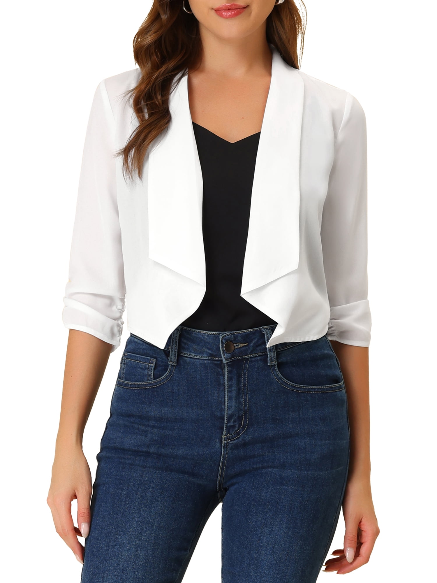 Open Lapels Allegra K Women's Open Front Shawl Lapel 3/4 Ruched Sleeves Chiffon ...