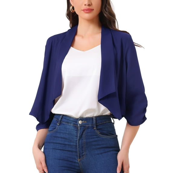 INSPIRE CHIC Women's Open Front Shawl Lapel 3/4 Ruched Sleeves Chiffon Crop Blazer