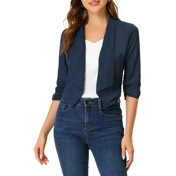 INSPIRE CHIC Women's Open Front Shawl Lapel 3/4 Ruched Sleeves Chiffon Crop Blazer