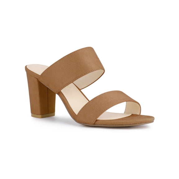 BLISSFUL STEP Women's Open Toe Chunky High Heel Slide Sandals Camel 6.5