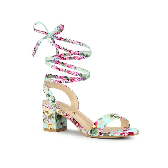 BLISSFUL STEP Women's Open Toe Block Mid Heeled Lace Up Sandals