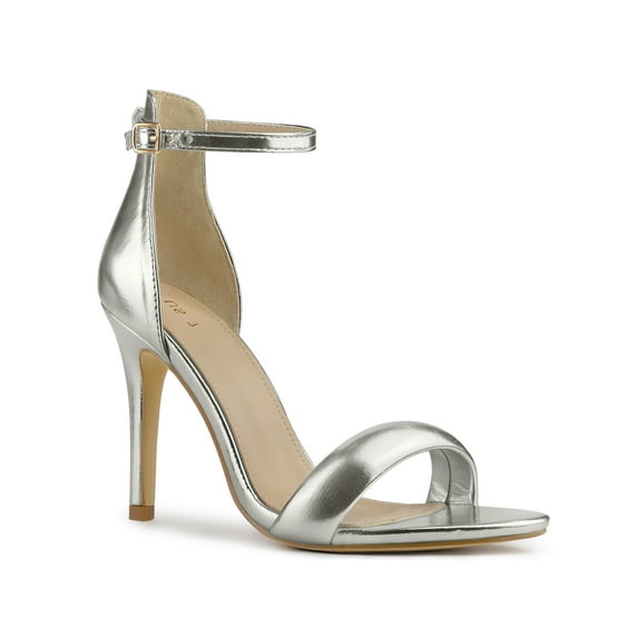 BLISSFUL STEP Women's Round Toe Buckle Ankle Strap High Stiletto Heel Sandals Gunmetal Silver 7