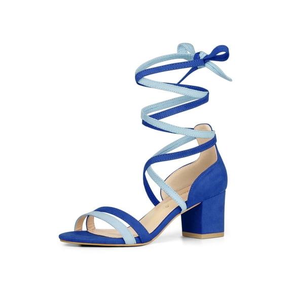 BLISSFUL STEP Women's Shoes Lace Up Faux Suede Open Toe Chunky Heel Sandals Royal Blue 7