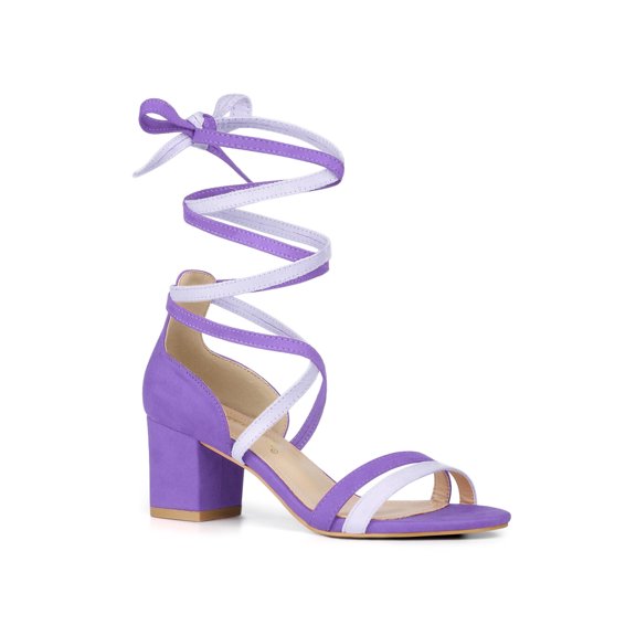 BLISSFUL STEP Women's Shoes Lace Up Faux Suede Open Toe Chunky Heel Sandals Purple 7