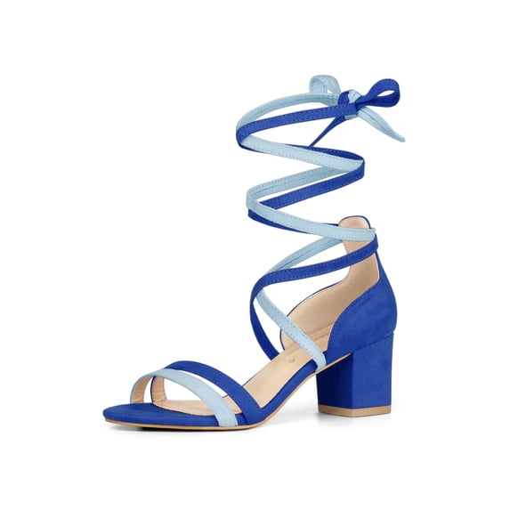 BLISSFUL STEP Women's Shoes Lace Up Faux Suede Open Toe Chunky Heel Sandals Royal Blue 6