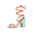 thumbnail image 1 of BLISSFUL STEP Women's Shoes Lace Up Faux Suede Open Toe Chunky Heel Sandals Cyan Orange 10, 1 of 8