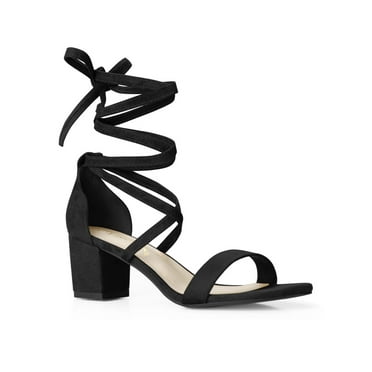 BLISSFUL STEP Women's Open Toe Lace up Sandals Mid Block Heels Sandals Black (Size 5)