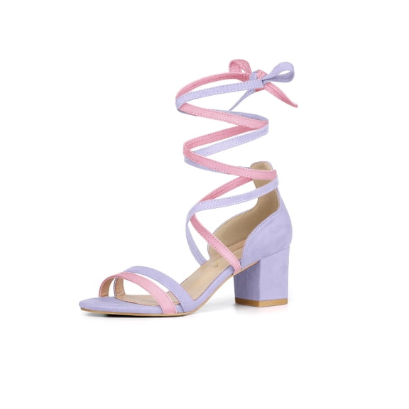 BLISSFUL STEP Women's Shoes Lace Up Faux Suede Open Toe Chunky Heel Sandals Light Purple 10