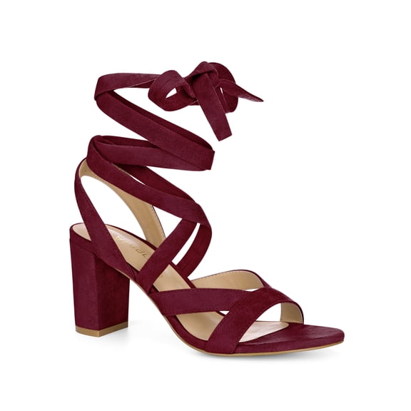 BLISSFUL STEP Women's Open Toe Crisscross Lace Up Block Heel Sandals Burgundy 6
