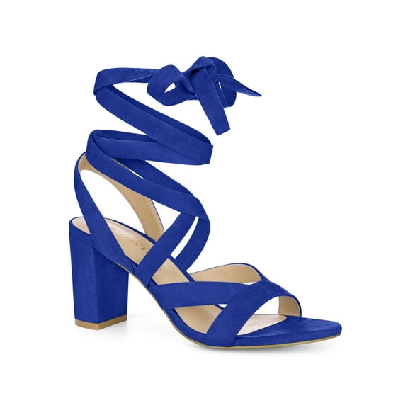 BLISSFUL STEP Women's Open Toe Crisscross Lace Up Block Heel Sandals Navy Blue 6