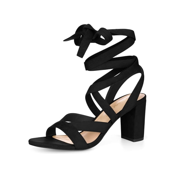 BLISSFUL STEP Women's Open Toe Crisscross Lace Up Block Heel Sandals Black 9