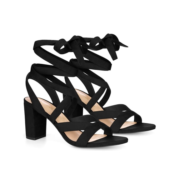 BLISSFUL STEP Women's Open Toe Crisscross Lace Up Block Heel Sandals Black 7