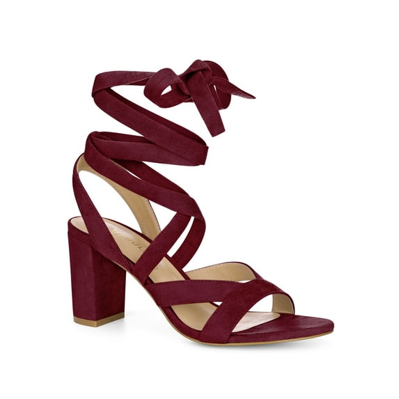 BLISSFUL STEP Women's Open Toe Crisscross Lace Up Block Heel Sandals Burgundy 7.5