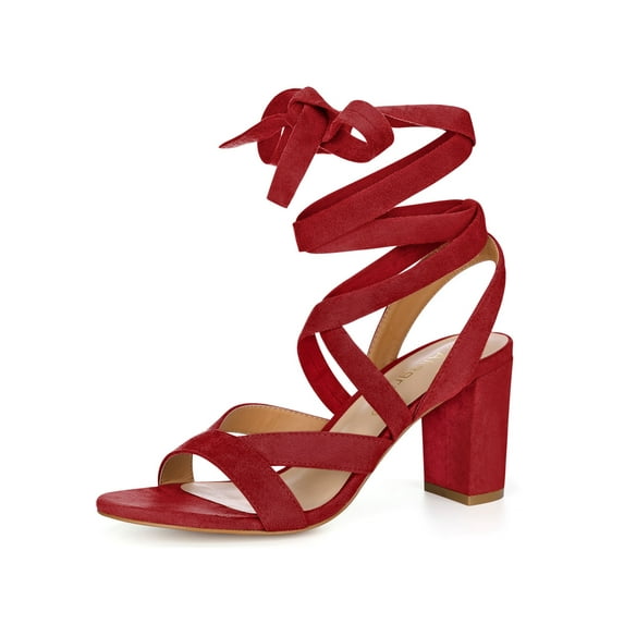 BLISSFUL STEP Women's Open Toe Crisscross Lace Up Block Heel Sandals Red 7