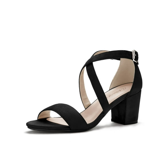 BLISSFUL STEP Women's Open Toe Cross Strap Mid Block Heel Sandals Black 8