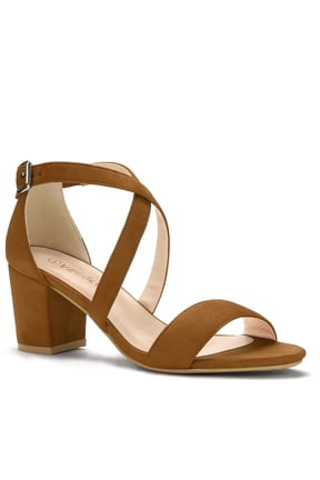 Women's Open Toe Cross Strap Mid Block Heel Sandals Brown 8