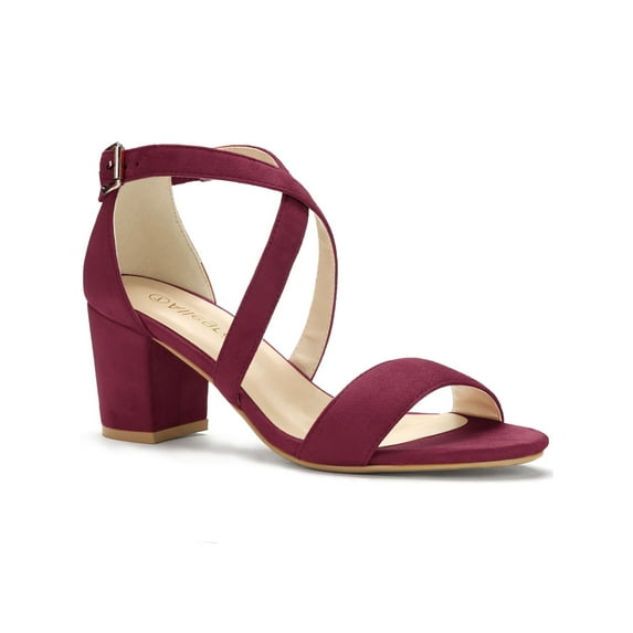 BLISSFUL STEP Women's Open Toe Cross Strap Mid Block Heel Sandals Burgundy 10