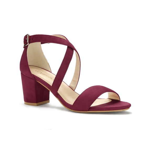 BLISSFUL STEP Women's Open Toe Cross Strap Mid Block Heel Sandals Burgundy 6