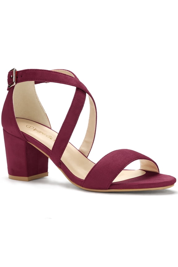 Women's Open Toe Cross Strap Mid Block Heel Sandals Burgundy 7