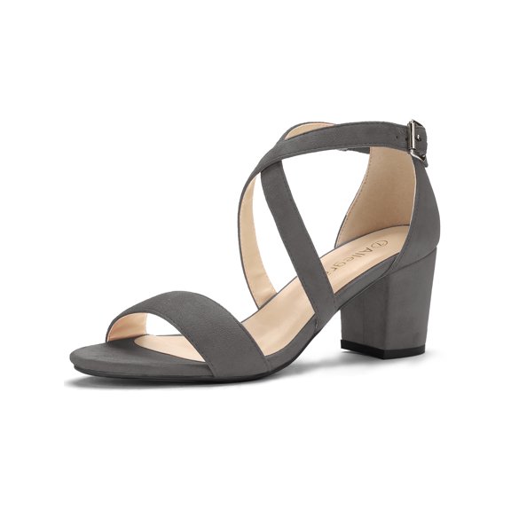 BLISSFUL STEP Women's Open Toe Cross Strap Mid Block Heel Sandals Gray 6