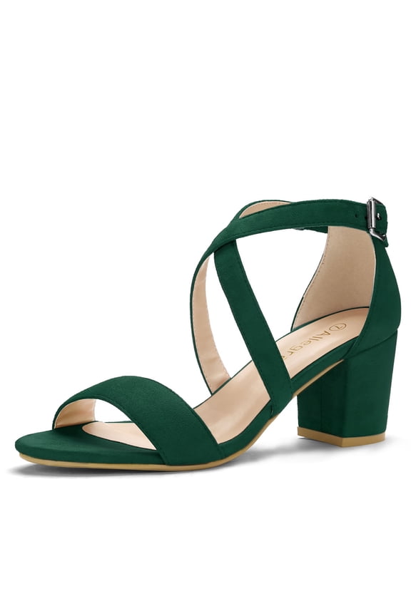 Women's Open Toe Cross Strap Mid Block Heel Sandals Green 6
