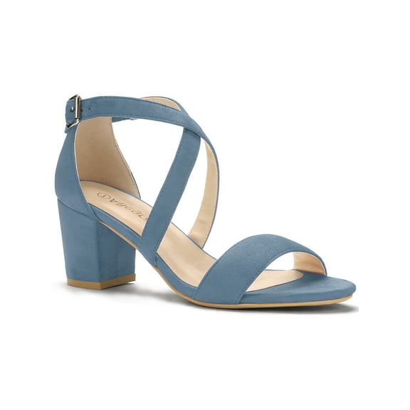 BLISSFUL STEP Women's Open Toe Cross Strap Mid Block Heel Sandals Haze Blue 8