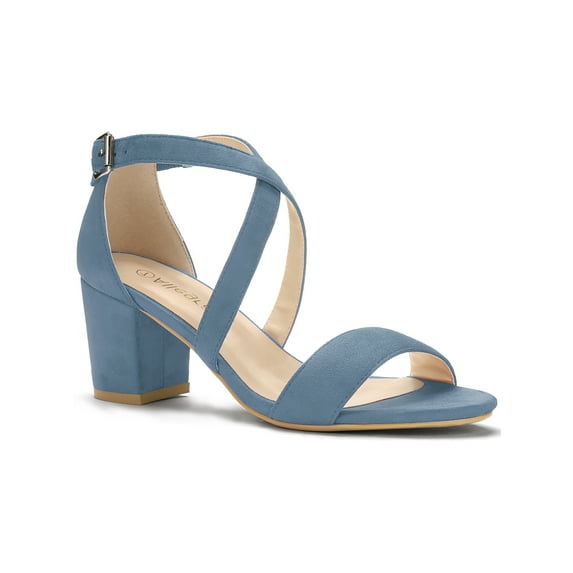 BLISSFUL STEP Style Women's Open Toe Cross Strap Mid Block Heel Sandals Haze Blue 9