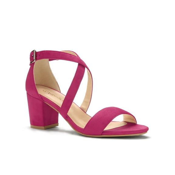 BLISSFUL STEP Women's Open Toe Cross Strap Mid Block Heel Sandals Hot Pink 7
