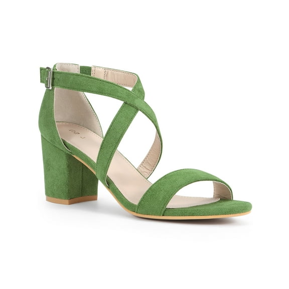 BLISSFUL STEP Women's Open Toe Cross Strap Mid Block Heel Sandals Olive Green 10